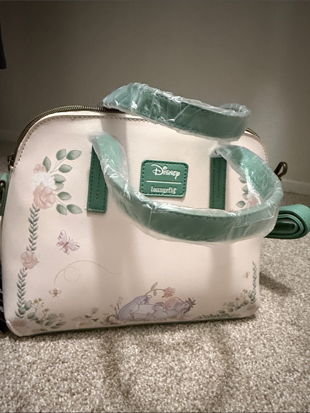 Loungefly Winnie the Pooh Cream Satchel with Green Accents and Floral Print